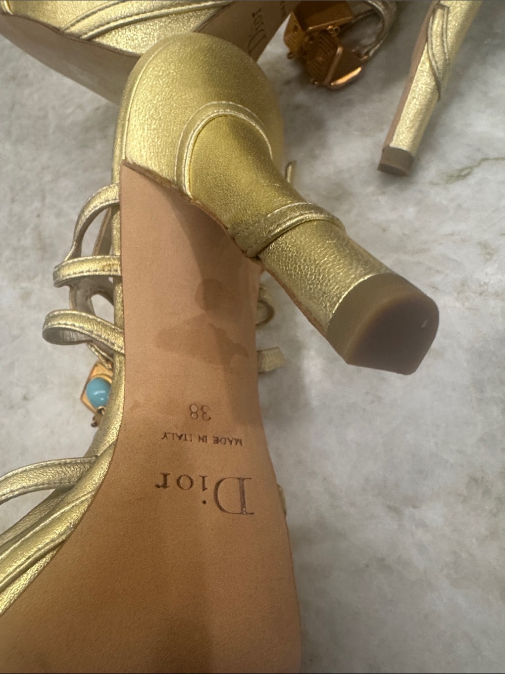 Dior Gold Strappy Heels with Turquoise Stone Accents - Picture 8 of 11